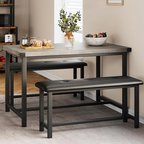 Fancihabor Dining Table Set for 4 - Kitchen Table with Benches Retro Gray
