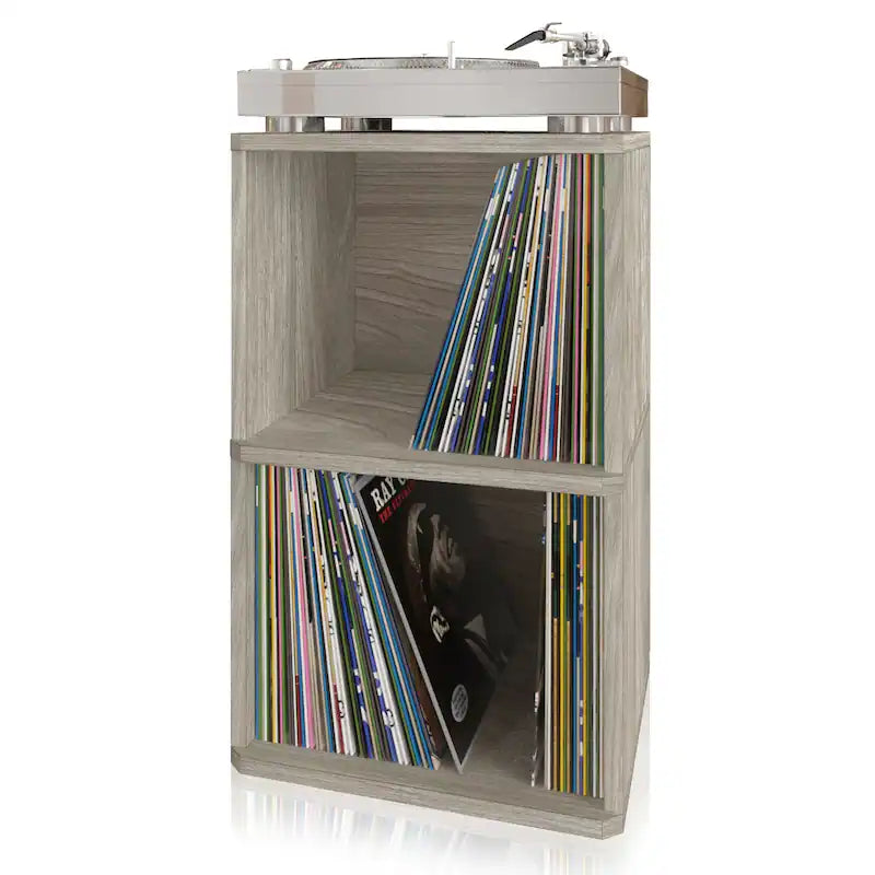 WAY BASICS 2 Shelf Vintage Vinyl Storage Cube - Fits 170 LP Records, Turntable Stand - Aspen Grey