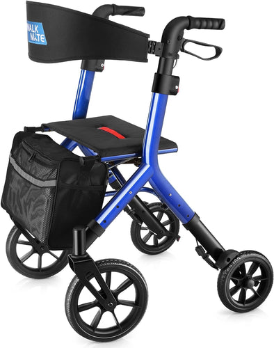 WALK MATE Rollator Walkers for Taller with Padded Widen Backrest Seat-10 Inch Front Wheels Wire-Hidden Rollator Walker for Seniors, Compact Folding Design Lightweight Mobility Walking Aid, Blue