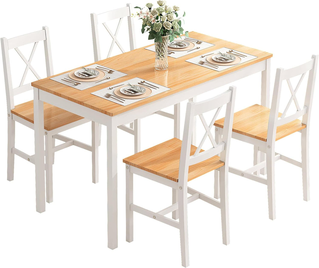 soges Pine Wood 5 Pieces Dining Set, Kitchen Table with 4 Chairs