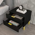 2-Drawer Black Wooden Nightstand Bedside Table With 4 Metal Legs